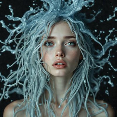 The primary subject of the image is a woman with long, flowing hair. She has a blue-gray color to her hair, which gives her a unique and striking appearance. The setting is a dark background, which contrasts with the woman's hair and adds a dramatic effect to the image. The visual style is a close-up of the woman's face, emphasizing her features and the striking color of her hair. The colors and mood of the image are predominantly dark and moody, with the woman'